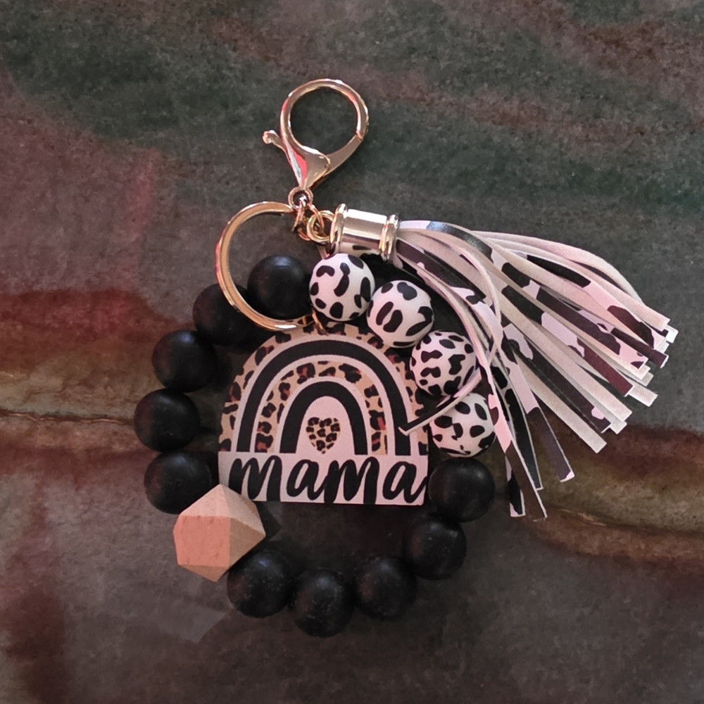 Black and White Cow Print MAMA wristlet Tassel Bag Purse Charm Keychain - Picture 2 of 3